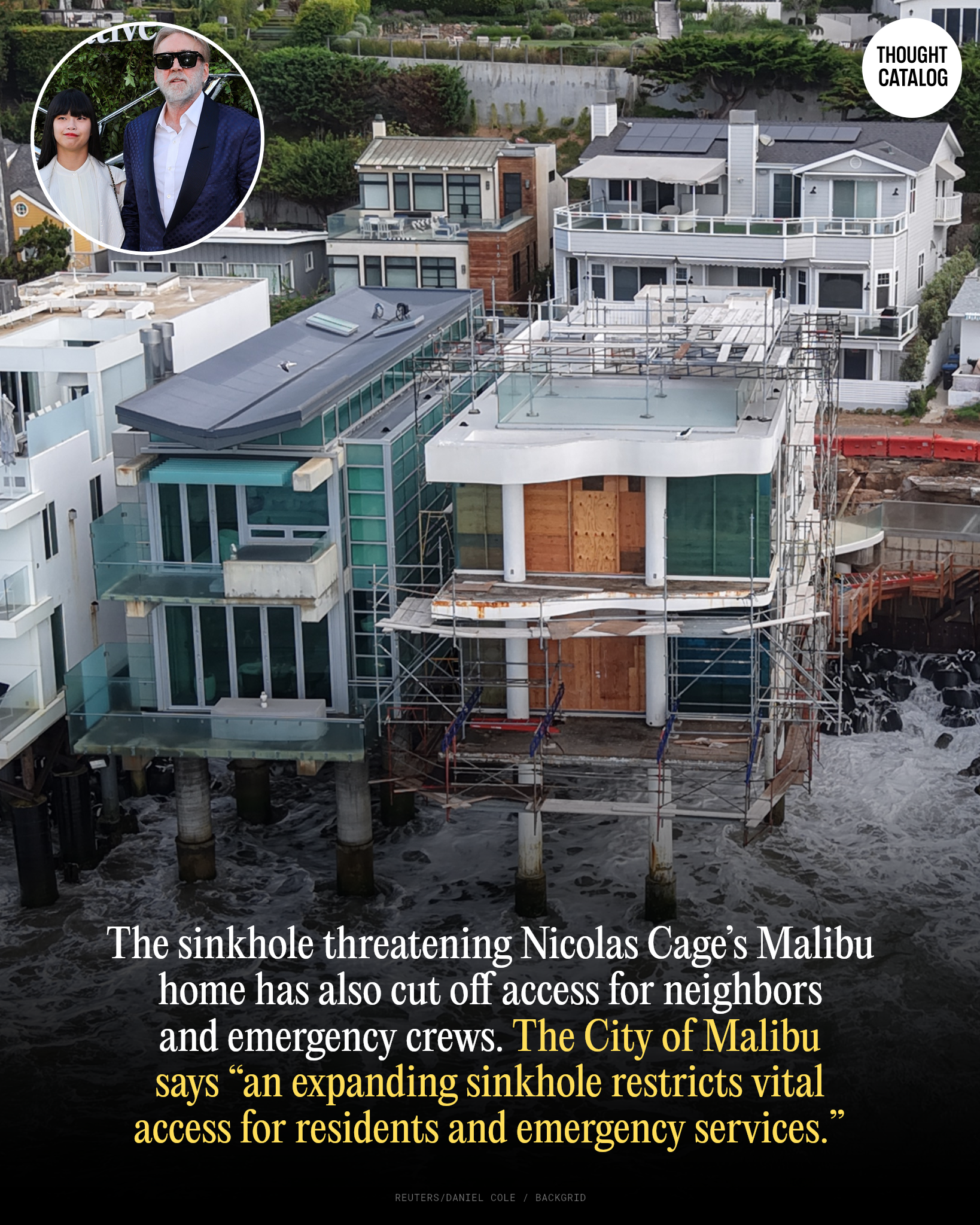 Nicolas Cage's Malibu oceanfront home on Sea Level Drive, where a large sinkhole has formed alongside the property