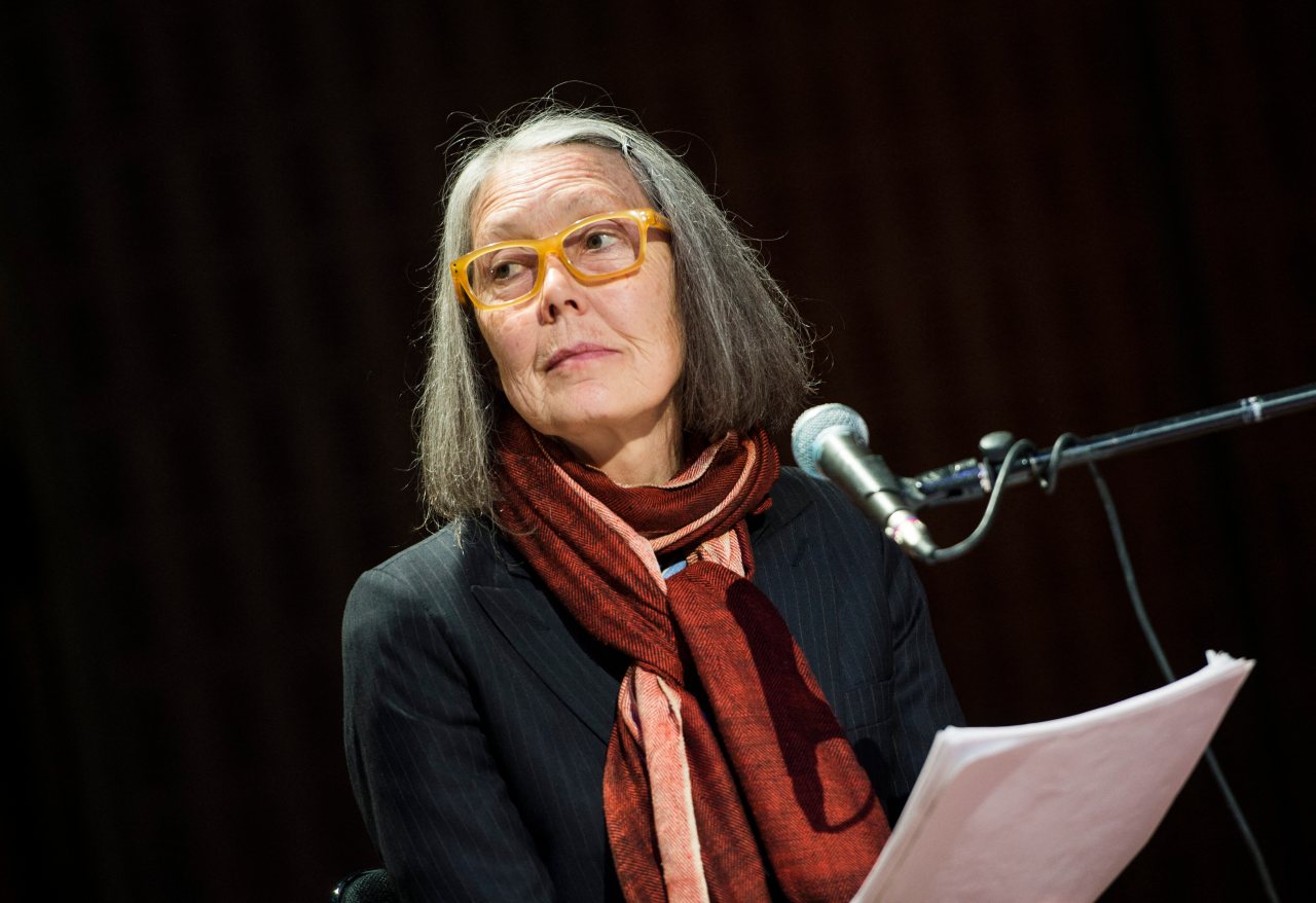 Anne Carson performing "Antigonick" at the Moderna Museet gallery in Stockholm, Sweden