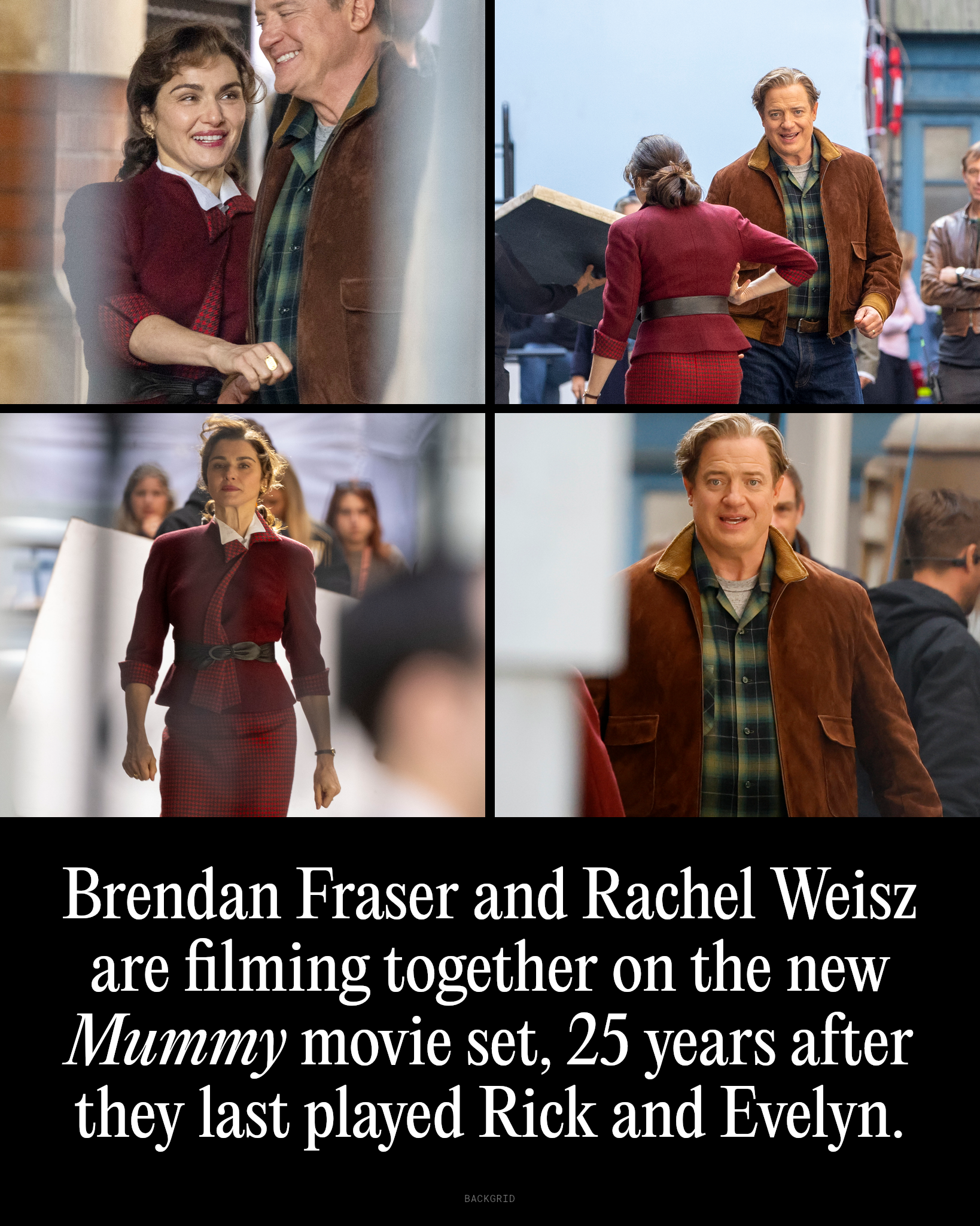Brendan Fraser and Rachel Weisz laughing together between scenes on the set of the new Mummy movie in West London.