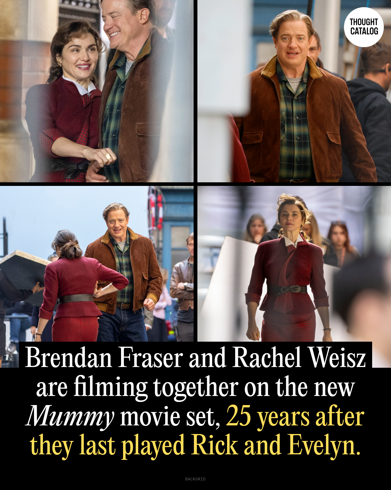 Brendan Fraser and Rachel Weisz laughing together between scenes on the set of the new Mummy movie in West London