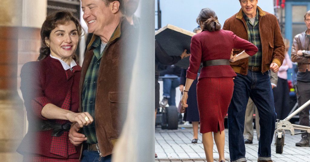 Brendan Fraser and Rachel Weisz laughing together on the West London set of the new Mummy film
