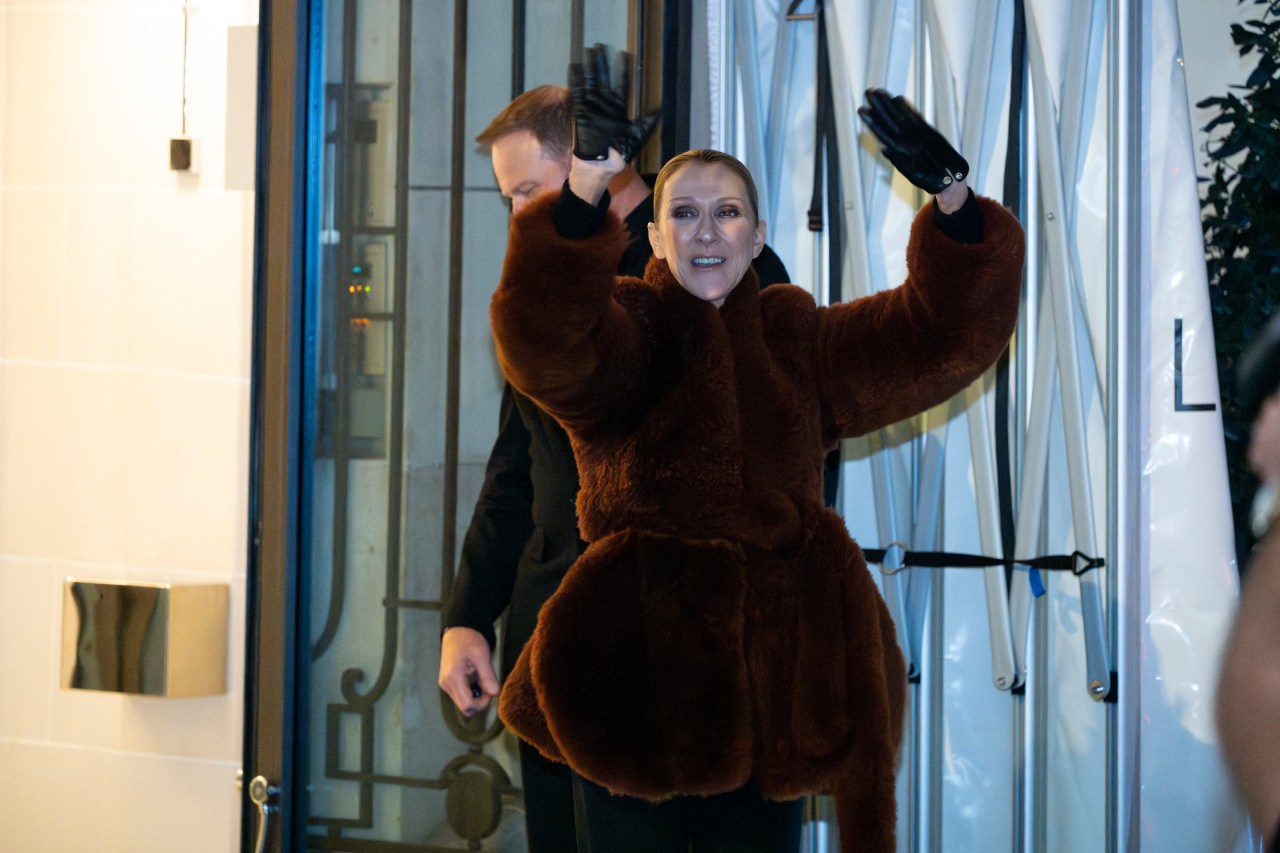 Celine Dion waving to fans outside the Royal Monceau Hotel in Paris at night