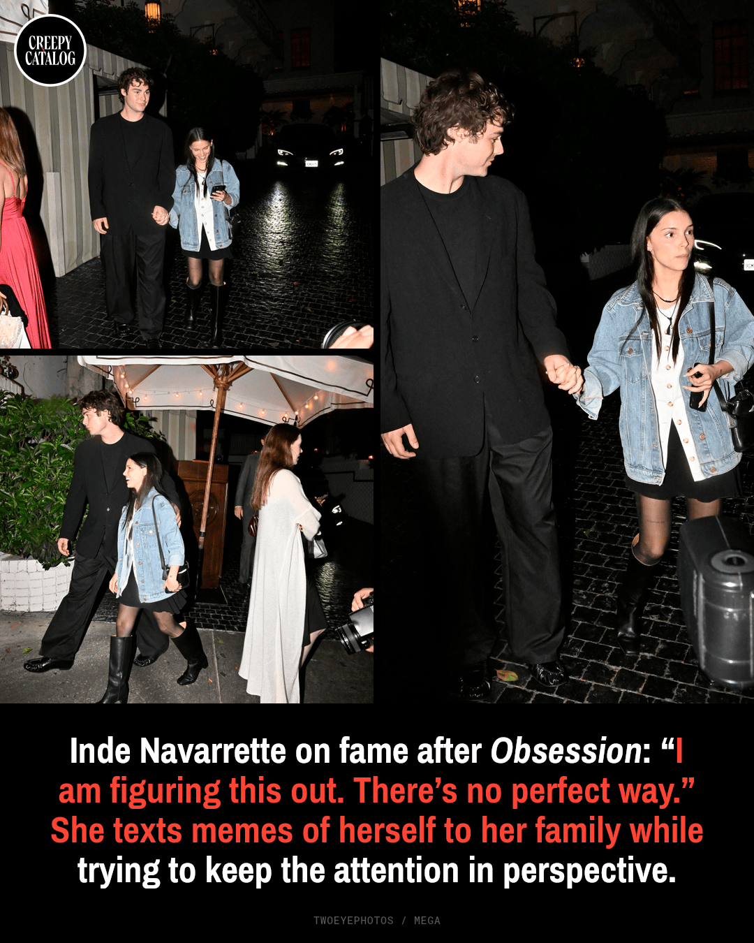 Collage of three paparazzi shots of a young woman in a denim jacket and mini skirt walking hand-in-hand with a tall man in all black at night.