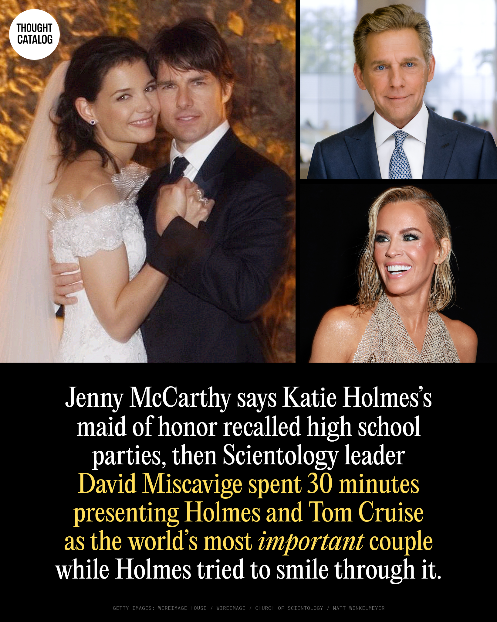 Composite of Tom Cruise, Katie Holmes, and Scientology leader David Miscavige in separate photos