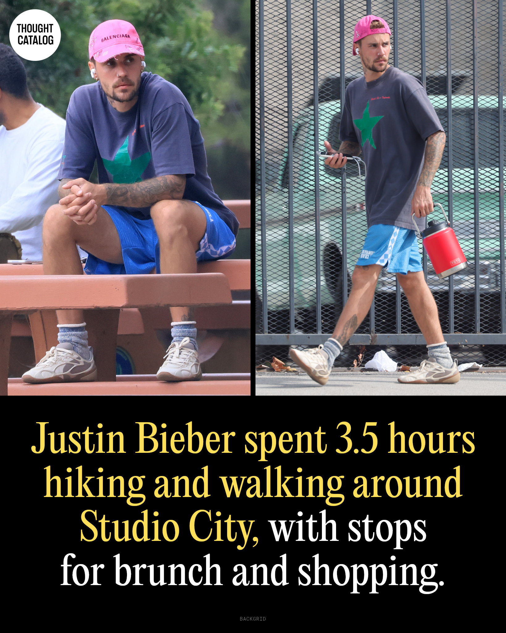 Justin Bieber walking through Studio City wearing AirPods and carrying an insulated water bottle