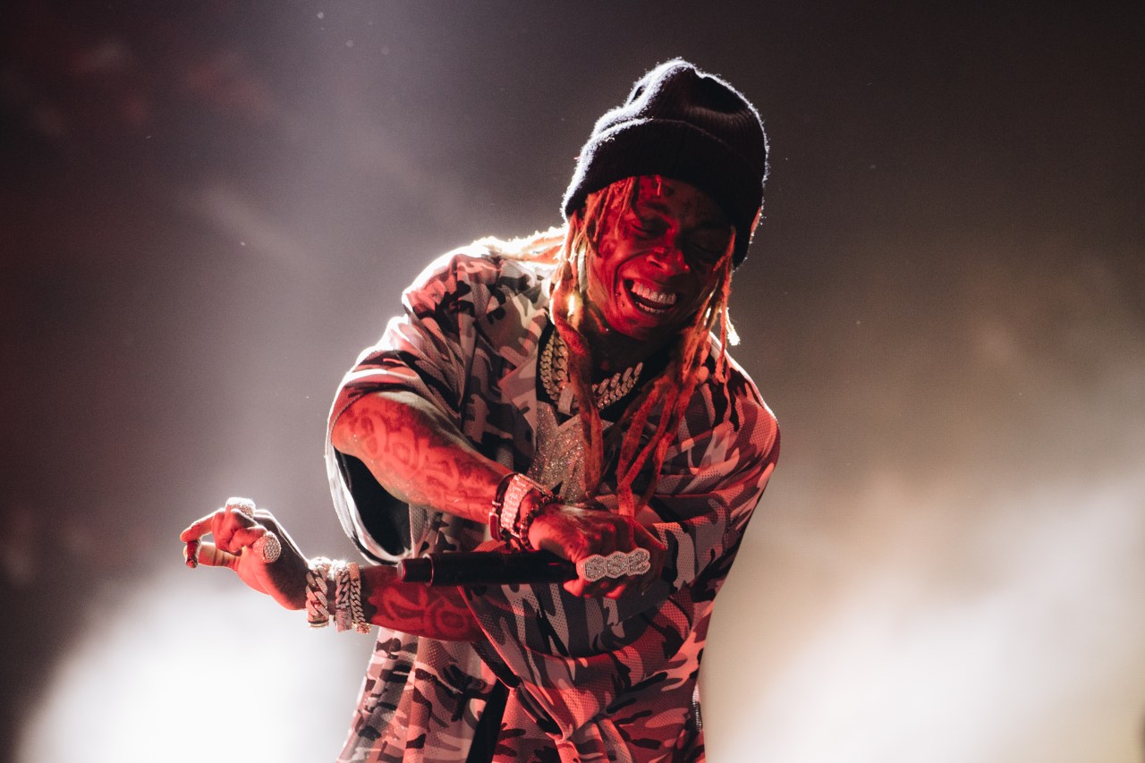 Lil Wayne performing onstage at the UPROAR Hip Hop Festival at Los Angeles Memorial Coliseum