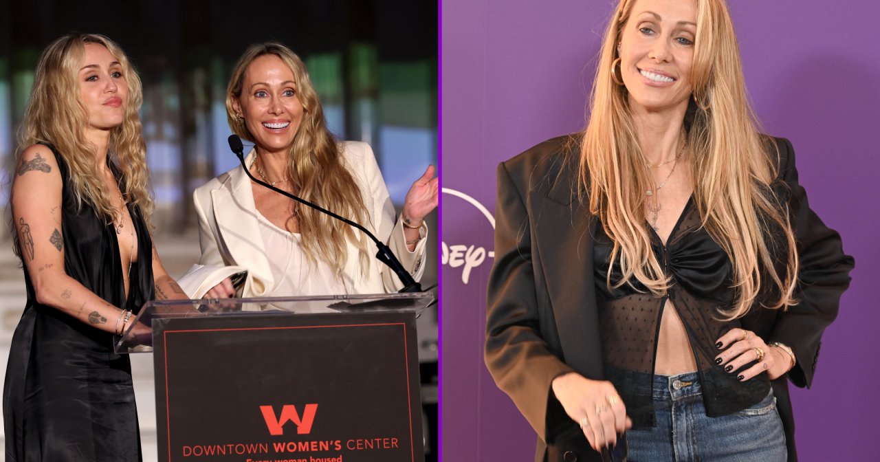Miley Cyrus and Tish Cyrus-Purcell speaking onstage at the Every Woman Housed Gala at Vibiana in Los Angeles
