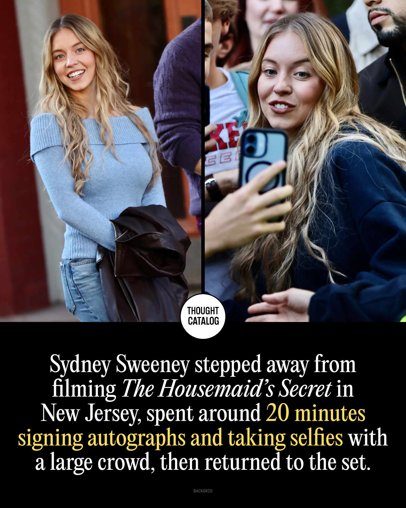 Sydney Sweeney signing autographs and taking selfies with fans on the set of The Housemaid's Secret in Hoboken, NJ