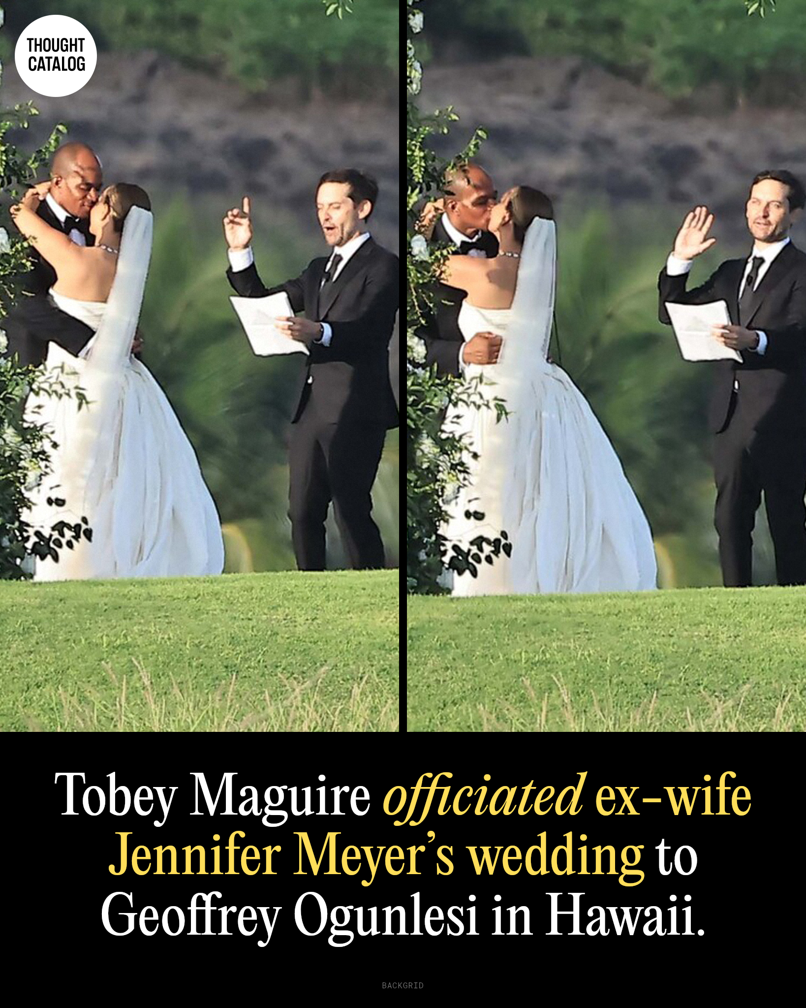 Tobey Maguire in a black suit officiating Jennifer Meyer and Geoffrey Ogunlesi's wedding ceremony in Hawaii